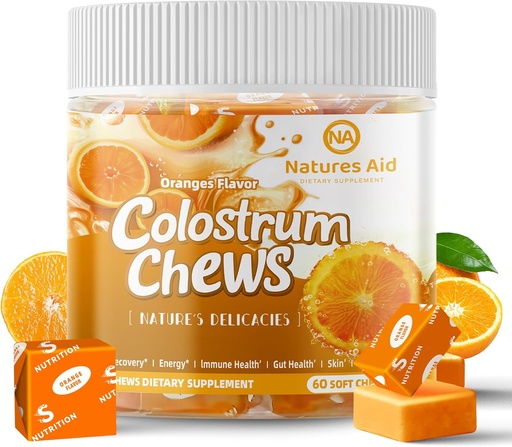 [BRSRAHYCAAHWEAA3] Colostrum Chews Supplement with probiotics for Gut Health, Bloating, Immune Support, Skin, Hair Growth and Beauty - Orange Flavor (60 Servings)