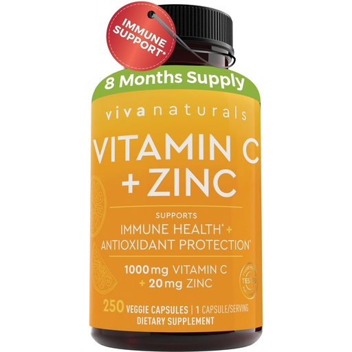[BRSW2FIKCR4BGDTU] Viva Naturals Vitamin C and Zinc Supplements 1000mg - Zinc 20mg (250 Veggie Capsules) - High-Potency & Vitamin C with Zinc for Immune Support - Non-GMO, Gluten Free (8 Months Supply)