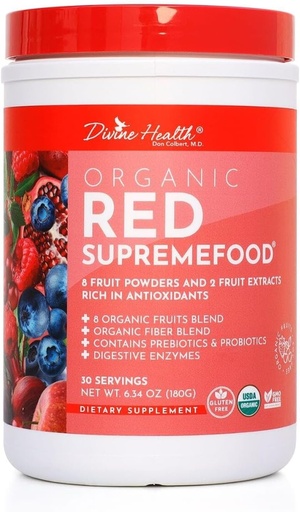 [BRSWIBA4BAMAED3K] Dieviškoji sveikata Organic Red Supremefood ® SmithKline 124; 10 Organic Fruits + Probiotics, Fermentai, žolelės, Pluoštas ir antioksidantai ® 124; Non-GMO Berry Flavored Blend ® 124; (180g) (30 dienos tiekimas)