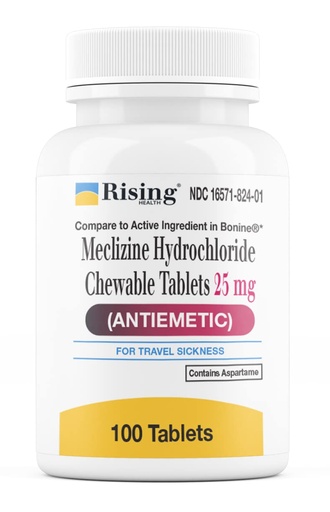 [BRSRMHT5OF6GMCD4] Rising Health Motion Relief and Nausea - Meclizine HCL 25mg - Antiemetic, Motion Relief Chewable Tablets (100)