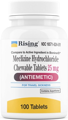 [BRSRMHT5OF6GMCD4] Rising Health Motion Relief e Nausea - Meclizine HCL 25mg - Antiemetic, Motion Relief Chewable Tablets (100)