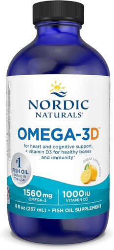 [BRSWIYA6C4FBQELA] Nordic Naturals Omega-3D, Lemon Flavor - 8 oz - 1560 mg Omega-3 + 1000 UI Vitamina D3 - Fish Oil - EPA & DHA - Immune Support, Brain & Heart Health, Healthy Bones - Non-GMO - 48 Servings