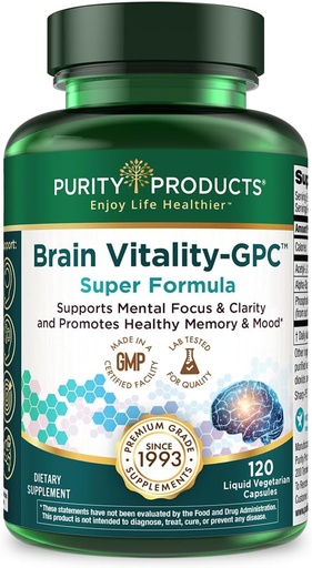 [BRSWIY36B55BGDQ5] Renhetsprodukter Brain Vitality-GPC Super Formula Acetyl L-karnitin HCI + Alpha GPC + Fosfatyderin - støtter normal konsentrasjon og mental klarhet - 120 Caps