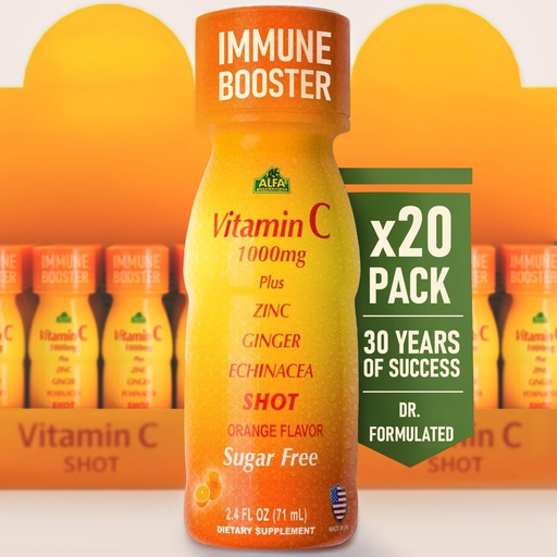 [BRSWYZL2DF6BA33K] ALFA VITAMINS Vitamin C Shot 1000mg with Zinc, Ginger & Echinacea – Supports Immune Health & Daily Wellness – Orange Flavor – 2.4 FL Oz Bottle – 20 Pack