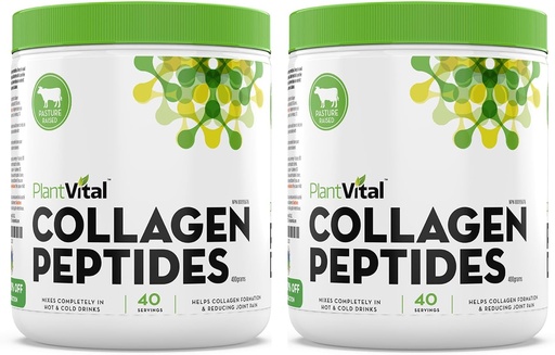 [BRSWYHQCAEFAE2T5] Plantvital Pure Collagen Peptides Powder - 100% Grass fed Collagen Powder - Non-GMO, Paleo Friendly - Dissolving, Unflavored, Made in USA. 40 Servings 400g - Pack of 2