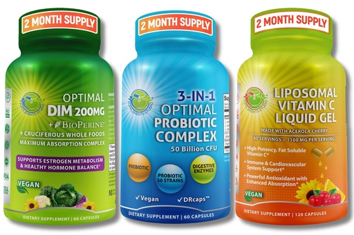 [BRSROFL3BYPBYYL6] Hormonal, Digestive & Immune Support Bundle - DIM 200mg with BioPerine® & Cruciferous Whole Foods + Vegan 3-in-1 Probiotic 50 Billion CFU + Liposomal Vitamin C 1100mg with Acerola Cherry - No Fillers