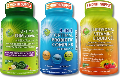 [BRSROFL3BYPBYYL6] Hormonal, fordøjelses- og immunsupportbundle - DIM 200mg med BioPerine ® & Cruciferous Whole Foods + Vegan 3- in-1 Probiotic 50 Millioner CFU + Liposomal Vitamin C 1100mg med Acerola Cherry - Ingen Fylder