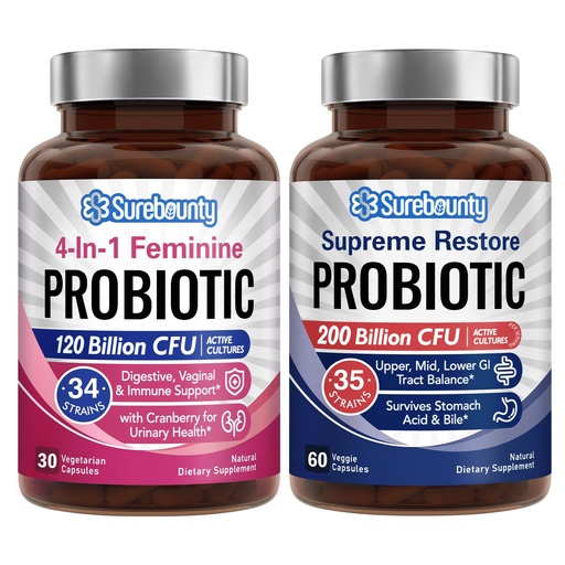 [BRSROBIHCIOROETB] Probiotic Bundle, 4-in-1 Feminine Probiotic (30ct) & Supreme Restore Probiotic (60ct), 2 Packs, Cranberry Vaginal Support, GI Tract Balance, Vegan, Non-Dairy