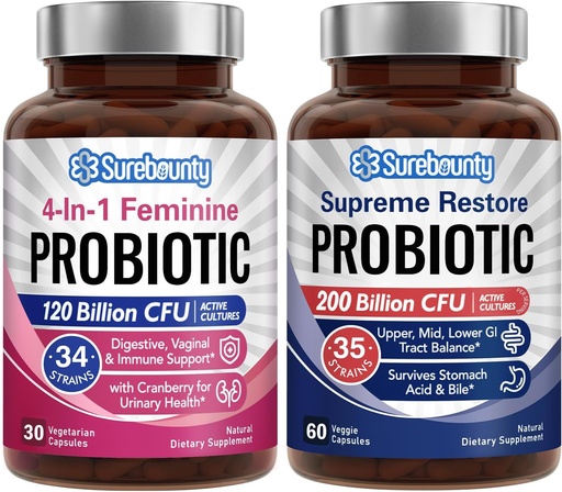 [BRSROBIHCIOROETB] Probiotic Bundle, 4-in-1 Feminine Probiotic (30ct) & Supreme Restore Probiotic (60ct), 2 Packs, Cranberry Vaginal Support, GI Tract Balance, Vegan, Non-Dairy