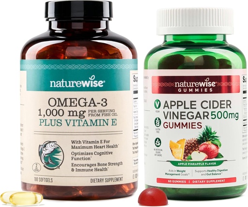[BRSRAFDQBYFWMGTF] NatureWise Omega-3 Fish Oil 1000mg with E 180-Count+ Apple Cider Vinegar Gummies 500mg with B12, 60-Count (Vegan Gummy) - Bundle for Heart, Eye, Digestive Health - Gluten Free, Soy-Free, Non-GMO