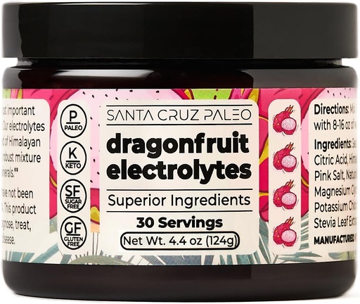 [BRSRMBAOB4MQMET3] Santa Cruz Paleo Electrolite Powder, Dragon Fruit Flavor, Sugar Free Hydration Drink Mix cu Himalayan Sare roz, Sare de mare, Magneziu Glycinate, Clorura de potasiu, îndulcit cu Stevia, 30 Servings