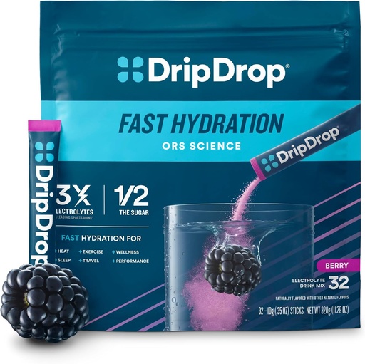[BRSWGCT4BYPA4DLF] DripDrop Hydration Packets - Berry - Single Serve Electrolytes Powder Drink Mix - Non-GMO, Gluten Free, Vegan - 32 Sticks