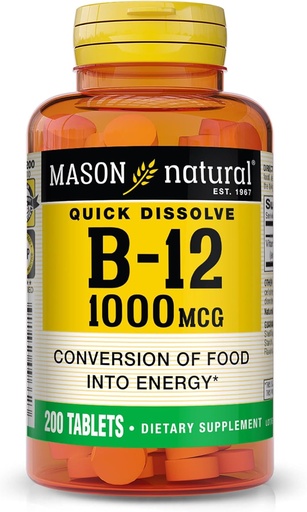 [BRSWIH35B4HA4HAV] MASON NATURAL B12 1000 mcg Quick Dissolve Tablets for Healthy Conversion of Food into Energy, 200 Day Supply
