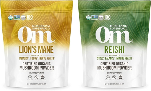 [BRSRMCYFOZ7AMAY4] OM MUSHROOM SUPERFOOD 7.05oz Bundle, Lion's Mane & Reishi Organic Mushroom Powder, 200 Servings