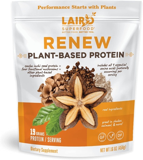 [BRSWYHTRBN6W233F] Laird Superfood Renew Plant-Based Protein Powder, 19 Grams Protein, Vegan with Sasha Inchi Seed Protein, Four Functional Mushrooms, Preservative Free, Gluten-Free, Dairy-Free, 16 oz. Bag