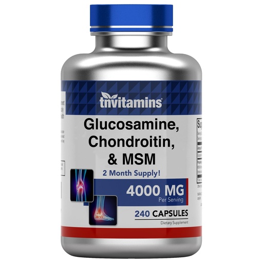 [BRSWKYT7BQHBEFA3] tnvitamins Glucosamine Chondroitin MSM Capsules, 240 Count | 4,000 mg Per Serving | 2,000 mg Glucosamine Sulfate 2KCl + 2,000 mg MSM & Chondroitin Blend | Joint Support Supplement
