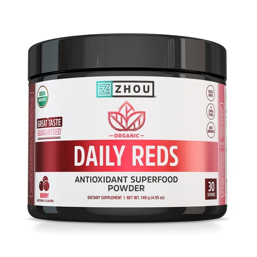 [BRSROZIDBZ5BSCQ2] Zhou Organic Reds Powder - Red Powder Superfood with Beetroot, Super Fruits, Goji Berry, & Tart Cherry, Antioxidant Support for Whole-Body Health - Natural Berry Flavor, 4.95 oz (30 Servings)