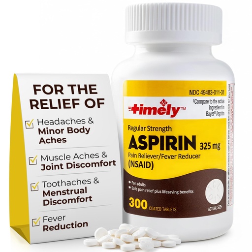 [BRSROHQZAQOWOC33] TIME-Cap-Labs 300 Count Regular Strength Aspirin 325mg for Adults - Compared to Bayer - Coated Regular Strength Aspirin Tablets - Pain Reliever for Minor Aches and Pains