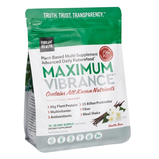 [BRSRMFIYAANQMCLF] Vibrant Health, Maximum Vibrance, Plant-Based Superfood Supplement with a Multivitamin, Protein and 25 Billion CFU of Probiotics, Vanilla, 15 Serving Pouch