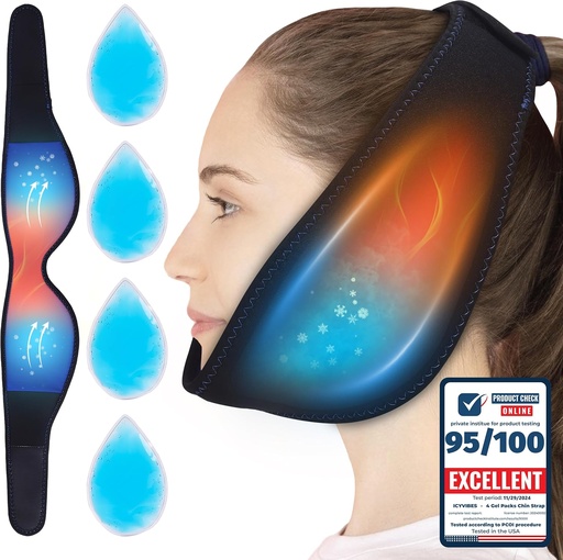 [BRSRAFA7AQNGE2T5] Premium 4 Gel Packs Chin Strap Flexible Hot & Cold - Ice Packs for Wisdom Teeth Refreezable Face Neck Head Airflow Jaw Bra Pack réutilisable pour dormir TMJ Relief and Pain Management Gift