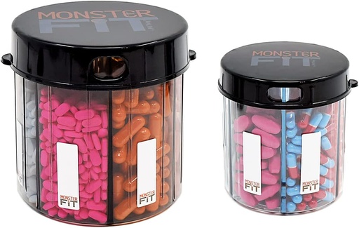 [BRSRMFLQOR4GGEY6] Monster & Monster Jr Supplement Medication Pill Dispensers 2 Pack with Labels, Extra Large and Small Pill Container Bottles Handle Almost Any Supplement, Easy to Dispense (Monster & Monster Jr.)