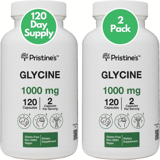 [BRSRAEA3CN4BSDY6] PRISTINE'S Glysiini (2 pakkaus) 1000MG Aminohappoun liittyvä unituki kapselit - 120 päivän tarjonta - lihasten Recovery, kollageenin ja munuaisten tuki täydentää - vegaaninen, ei GMO, gluteeniton