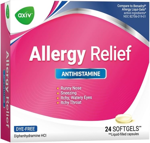 [BRSRAEA3BFYRE3LL] AXIV Allergy Relief Softgels, Antihistamine Medicine & Cold Symptom Relief, Dye-Free Liquid Gels, 25 mg Diphenhydramine HCl, Runny Nose, Sneezing, 24 Count (24 Softgels)