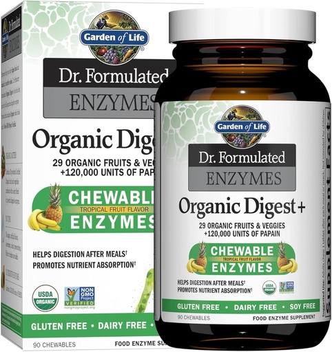 [BRSWIC3RBYMR6D3Y] Garden of Life Dr Formulated Digestive Enzymes con Papain, Bromelain, Lipase para Digestion e absorción de nutrientes - Organic Digest+ - Vegan, Gluten-Free, Non-GMO, Flavor de froitas tropicais, 90 Chewables