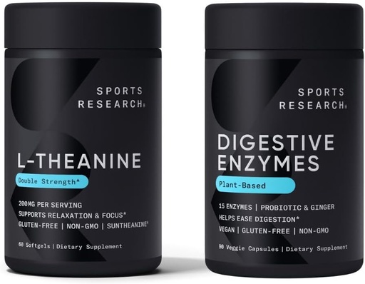 [BRSRMHACOAAROCQV] Pesquisa esportiva Dupla Força L-Teanina Suplemento Suntheanina Softgels para Foco, Relaxamento e Alerta com Óleo de Coco 60 Contagem e Enzimas Digestivas + Probióticos & Planta de Ginger Based 90 Contagem