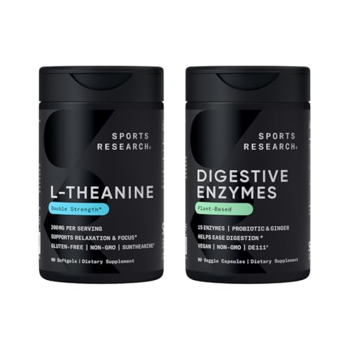 [BRSRMHACOAAROCQV] Sports Research® Double Strength L-Theanine Supplement Suntheanine Softgels for Focus, Relaxation & Alertness with Coconut Oil 60 Count and Digestive Enzymes + Probiotics & Ginger Plant Based 90 Count