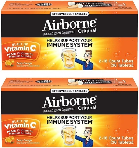 [BRSWG2T6CIHWYHQZ] Airborne Zesty Orange Effervescent Tabletit C-vitamiini 1000 mg x 36 Counts (2 pakkaus)