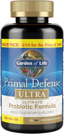 [BRSWIYABAYEAIA3O] Garden of Life Probiotics for Digestive Health and Gut Health Balance, Primal Defense Ultra Ultimate Formula, 15 Billion CFU y 13 Strains Plus HSOs, Vegetarian y Gluten Free, 216 Capsules