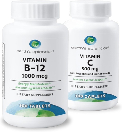 [BRSRAFIZCV7BEGQ3] Earth's Splendor Energy & Immune Support – Vitamin B12 & Vitamin C with Rose HIPS, Gluten-Free, No Artificial Colors or Flavors, Supports Energy Metabolism & Antioxidant Health for Men & Women