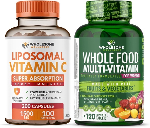 [BRSRAYI7BF6QMETD] Wholesome Wellness Liposomal Vitamin C Capsules (200 Pills 1500mg Buffered) High Absorption VIT C + Whole Food Multivitamin for Women - Natural Multi Vitamins, Minerals, Organic Extracts Bundle