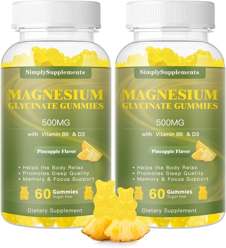 [BRSROHDQO4BBA2DX] Magnesium Glycinate Gummies 500mg, Chewable Magnesium Supplement with Vitamin D3, B6, CoQ10, for Relaxation, Sleep & Mood Support, Calm Magnesium Gummy - 60 Pineapple Gummies (2 Pack)