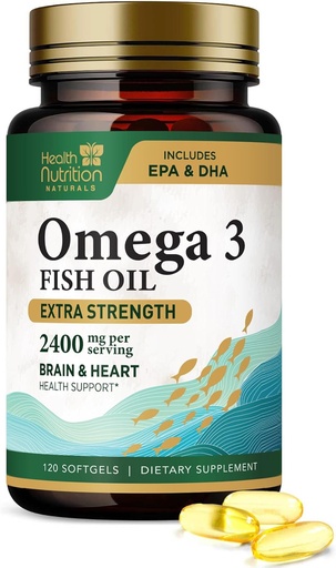 [BRSW2HA2OAFGEYDO] Omega 3 Fish Oil 2400 mg - Triple fuerza Omega-3 Suplementos - Natural Brain Heart Health &amp; Immune Support - Fatty Acids with EPA & DHA - Wild Caught Purified Fish Oil Suplemento - 120 Softgels