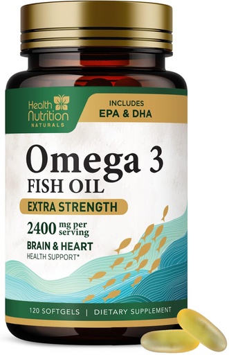 [BRSW2HA2OAFGEYDO] Omega 3 Fish Oil Supplements - 2400mg Fish Oil Per Serving - Triple Strength Omega-3 with EPA & DHA Fatty Acids - Natural Heart, Brain & Immune Support - Wild Caught, Bottled in USA - 120 Softgels