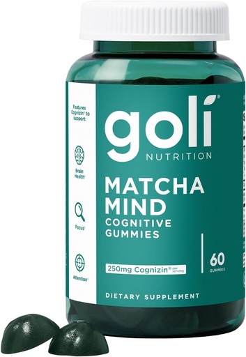 [BRSRAYY2PJ5AAYA7] Goli Matcha Mind Gummies - 60 Count - Зелений чай залишає порошок з когнізином для фокусу, уваги та здоров'я мозку, Vegan, Non-GMO, клейковини-Free & Gelatin Free.