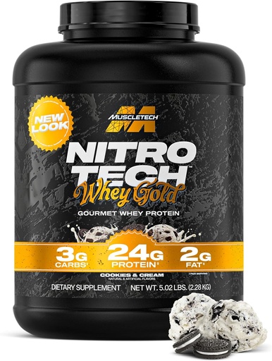 [BRSWKGA4AJ7GG2LK] Muscletech Whey Protein Powder (Cookies & Cream, 5LB) - Nitro-Tech Whey Protein Isolate Smoothie Mix for Lean Muscle & Recovery - 24g of Whey Gold Protein for Women & Men - Packaging May Vary