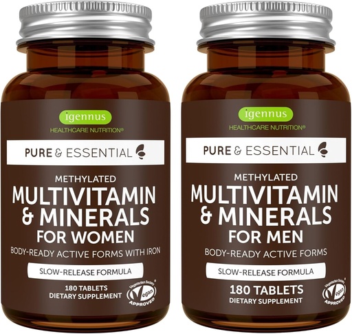 [BRSRAAL7A56BQD3B] Methylated Women's Multivitamiini + Miesten Multivitamiini Bundle, MTHFR Supplement with Active B-vitamins, Clean Label & Vegan, 180 tablettia, kirjoittanut Igennus