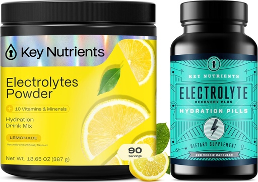 [BRSRAGIQOENRYFYY] KEY NUTRIENTS Hydration Bundle – Multivitamin Electrolyte Powder Lemonade (90 Servings) & Electrolyte Tablets (200 Tablets) – No Sugar, No Calories – Sodium & Energy Support –, Made USA
