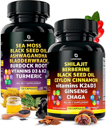[BRSROAY5BV7RUAIZ] Irish Sea Moss and Himalaya Shilajit Capsules - 120 Wildmade Sea Moss Pills Sea with Black Seed Oil, Burdock Root & Bladderwrack Powder - 120 Fulvic Acid Pure Shilajit Capsules