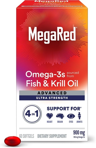 [BRSWGED7BEBGM2DX] Megared Omega-3 Fish & Krill Oil Suplemento 900mg - MegaRed Advanced 4in1, 60 softgels, 2x Más Omega-3, Corazón, Conjunto, Cerebro y Ojo Suplemento, Rojo, 60 Conde