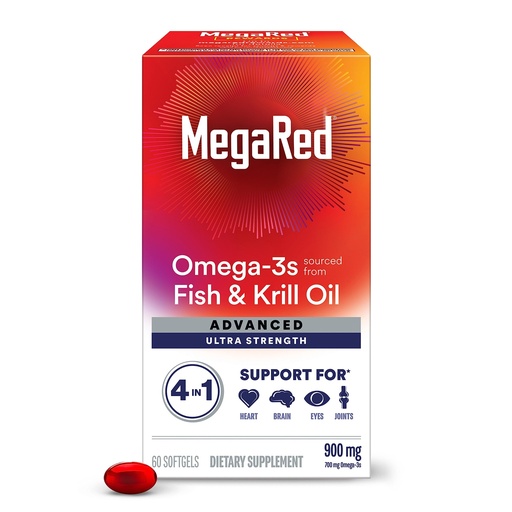 [BRSWGED7BEBGM2DX] Megared Omega-3 Fish & Krill Oil Supplement 900mg - MegaRed Advanced 4in1, 60 softgels, 2x More Omega-3, Heart, Joint, Brain and Eye Supplement, Red, 60 Count