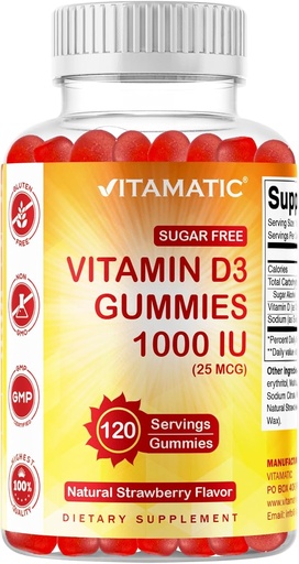 [BRSRMBQODICQKG3U] Vitamatic Sugar Free Vitamin D3-120 Pectin Based Gummies - Great Taste - Huesos saludables, Mood &amp; Immune System Function - Non-GMO - 120 Servings (1000 IU)