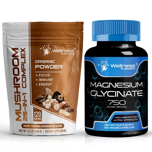 [BRSRAAY7AR4AI3QY] WELLNESS LABSRX Mushroom Powder 2000mg - Magnesium Glycinate Capsules - 750mg | Bundle