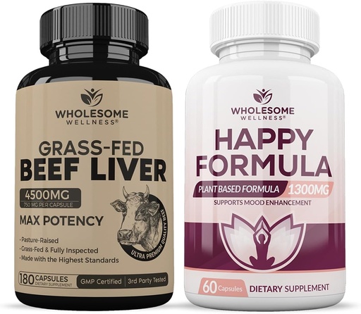 [BRSRAZTRDEHRYFLA] Wholesome Wellness Grass Fed Desiccated Beef Liver Capsules (180 Pills, 750mg Each) Happy Formula Natural Formula Relief Supplement Bundle