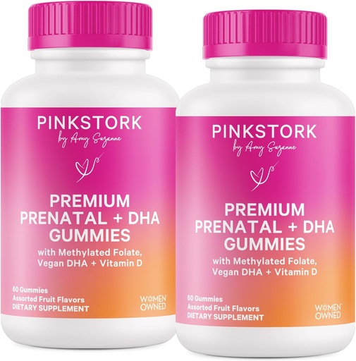 [BRSRABT5CIFWMC3B] Pink Stork Premium Prenatal Gummy Vitamins with DHA, Folate, and Vitamin D - 60 Vegan Gummies - 2 Pack
