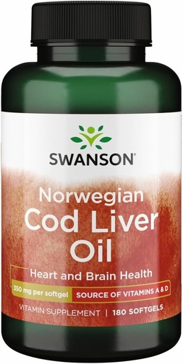 [BRSWIEY2DEJR2E3G] Swanson Cod Liver Oil - Wellness Supplement Promoting Bone, Skin Health, Vision Support & Immune System Function w/High Absorption Vitamin A - (180 Softgels, 350mg Each)