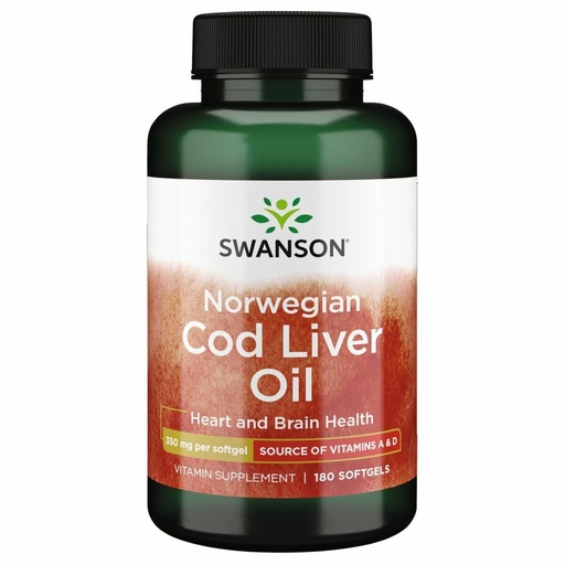 [BRSWIEY2DEJR2E3G] Swanson Cod Liver Oil - Wellness Supplement Promoting Bone, Skin Health, Vision Support & Immune System Function w/High Absorption Vitamin A - (180 Softgels, 350mg Each)